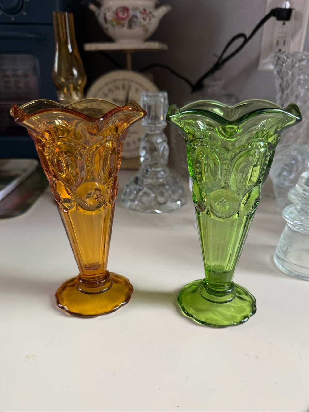 TWO Vintage Moon and Stars vases - Amber & Green